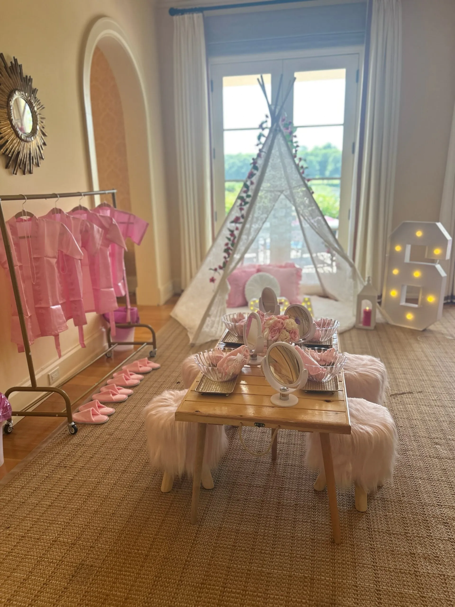 spa party with teepee