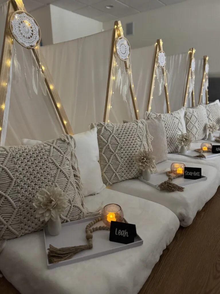 Neutral teepee slumber party theme