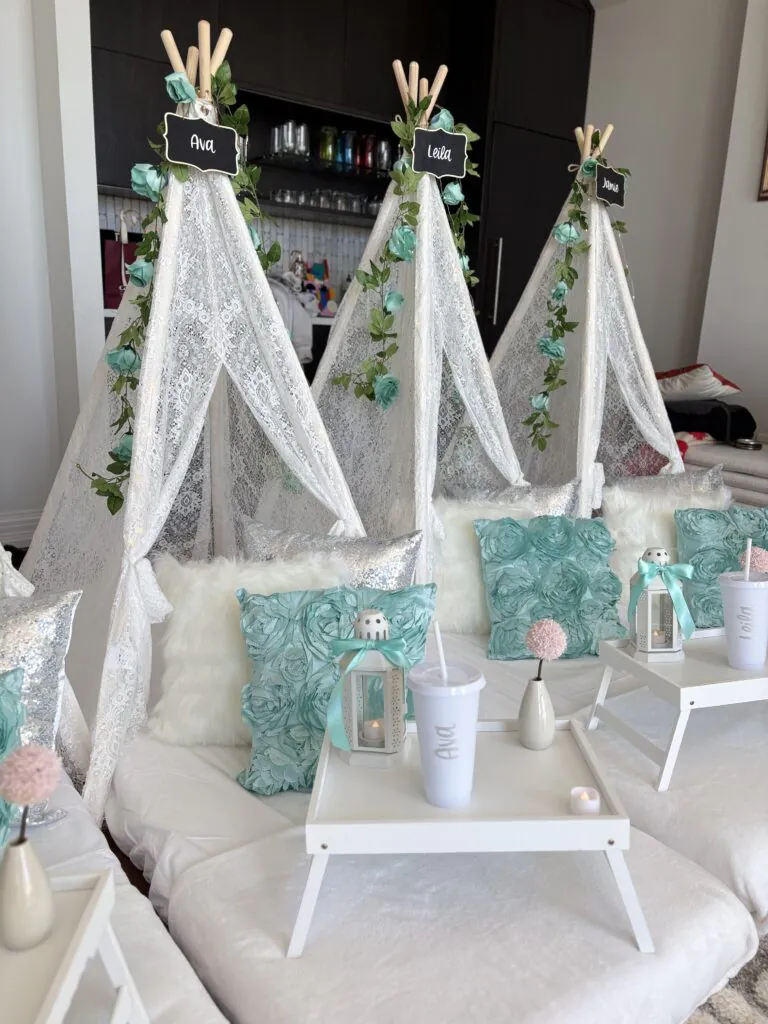 Teal teepee slumber party theme