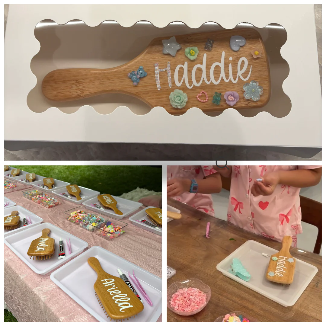 bamboo hairbrush decorating at a slumber party
